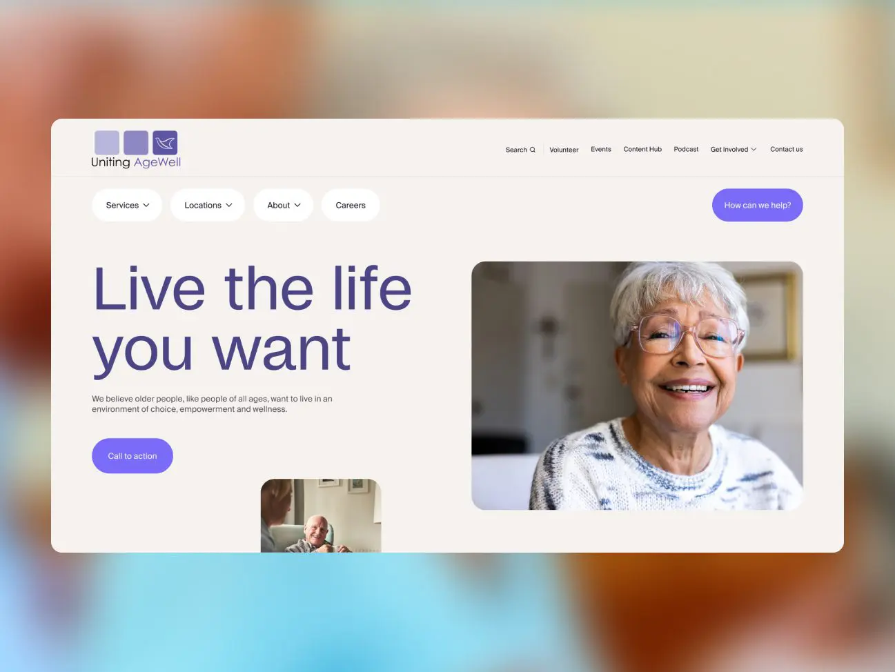 Full-width homepage web design for Uniting AgeWell, showcasing a modern, accessible interface for aged care services by JTB Studios.